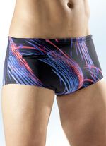 Badehose in höherer Slipform mit buntem Druckdessin allover SCHWARZ-BLAU-ROT