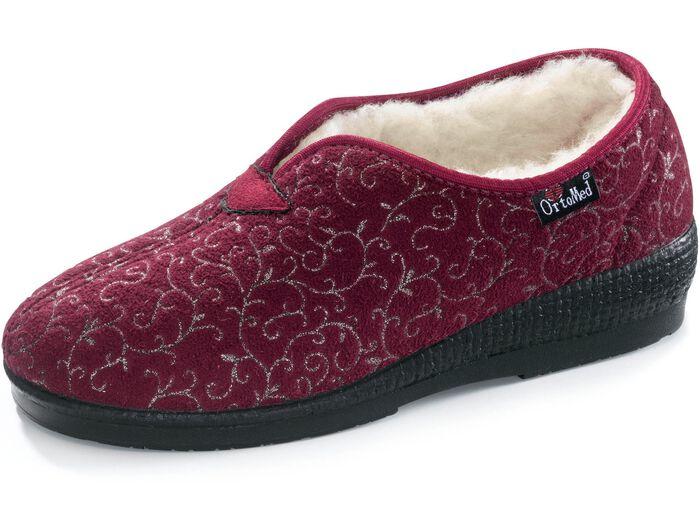 Hausschuh aus gl&auml;nzend bedrucktem Veloursmaterial BORDEAUX