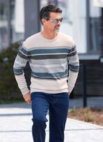 Gestreifter Rundhalspullover NATUR-GRAU-JEANSBLAU GESTREIFT