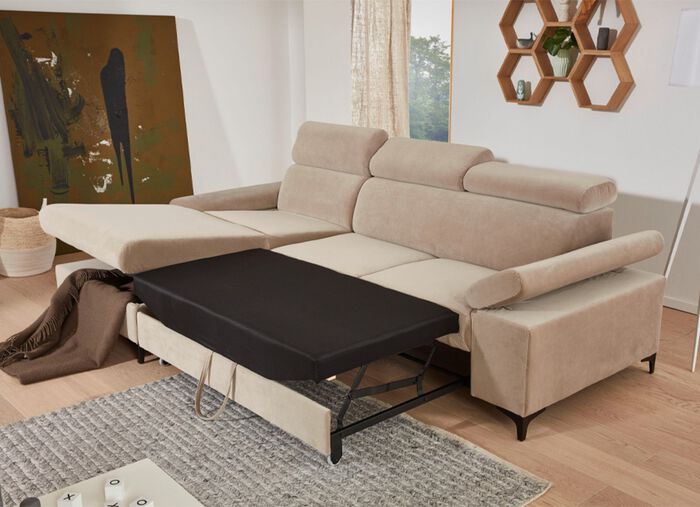 Polsterecke mit Bettfunktion und Bettkasten in der Ottomane BEIGE