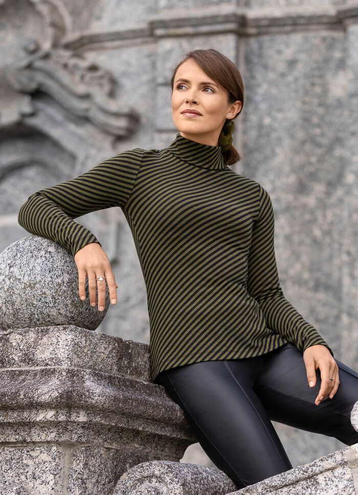 Rollkragenshirt mit Streifen-Dessin KHAKI-SCHWARZ