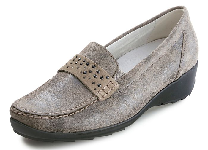 Waldl&auml;ufer Mokassin-Slipper mit glamor&ouml;sen Glitzersteinchen TAUPE