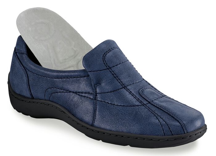Waldl&auml;ufer, bequeme Damen-Slipper, Weite H, mit herausnehmbarem Fussbett STAHLBLAU