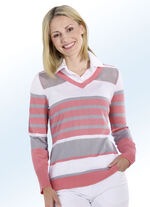 Blusenpullover in Streifen-Dessin KORALLE-GRAU-WEISS