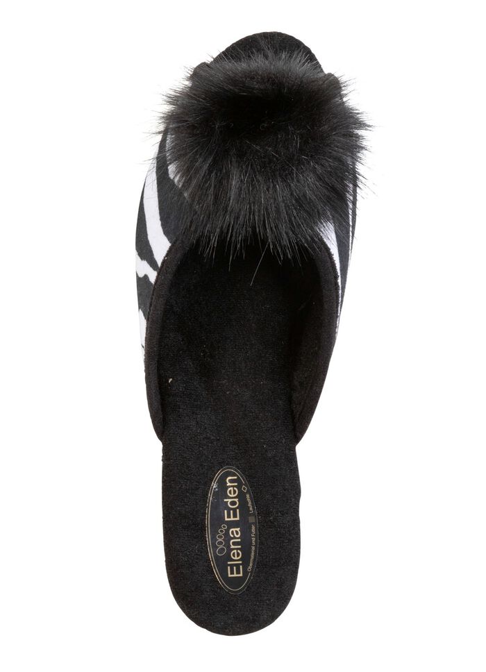 ELENA EDEN, schicke Damen-Pantoletten, Weite G, mit Kunstfellpompon SCHWARZ-WEISS